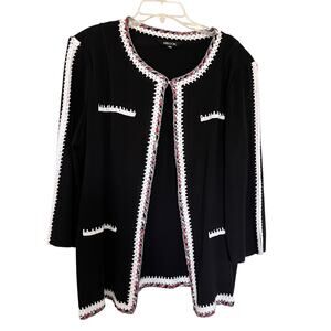 Misook Black Poppy Red White Crochet Trim 3/4 Sleeve Cardigan Jacket Size Large